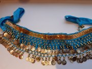 Восточный пояс для девочки бархатный голубой с серебряными/золотыми монетами